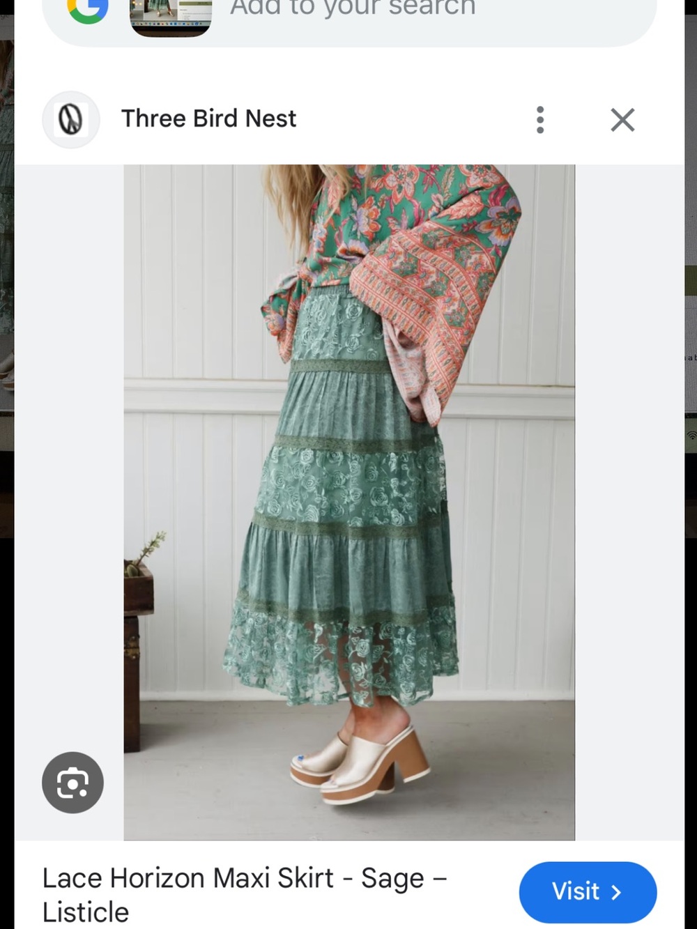 Listicle Sage Lace Tiered Maxi Skirt from Three birds nest